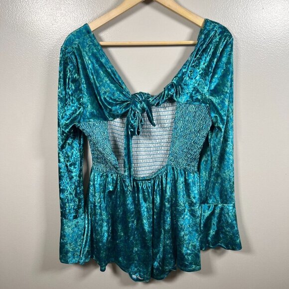 Free People Bali Tightrope Romper Size Large Turquoise Velvet Mermaidcore Boho - Picture 2 of 13